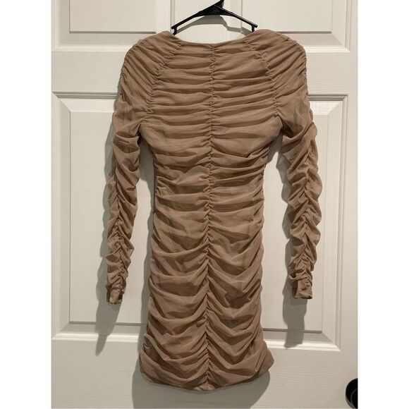 NWOT Michael Costello x REVOLVE Franky Mini Ruched Long Sleeve Nude Dress Medium - Picture 12 of 13